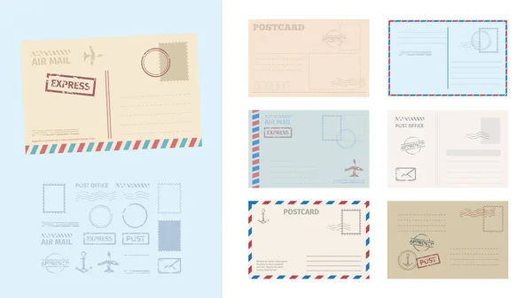 Envelope postcard template set. Stylish card greeting stamps postal services red blue frame fast delivery air ships retro design empty blank graphic template active old school. Delivery vector. — Stock Vector