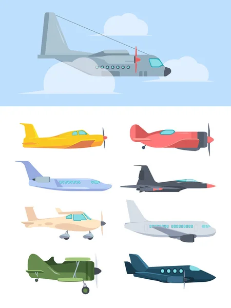 Airplanes stylish set. Big passenger liners cargo plane retro propeller corncob super powerful combat fighter small high speed private jet golfstream compact training aircraft. Color cartoon vector. — Stock Vector