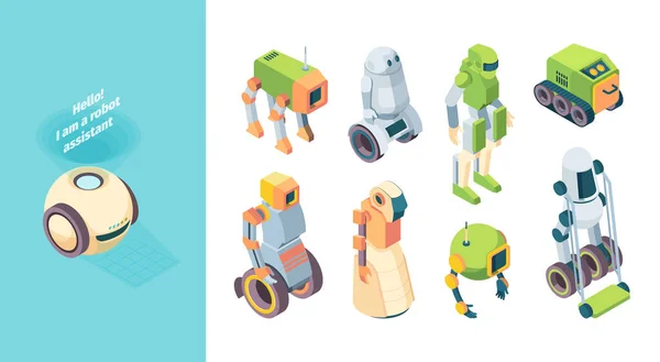 Robotok asszisztens jövőbeni izometria készlet. Robot humanoid zöld ház padló tisztább pálya krematórium kerekek robotok mesterséges intelligencia őr rend segít fantasztikus. Segédvektor. — Stock Vector