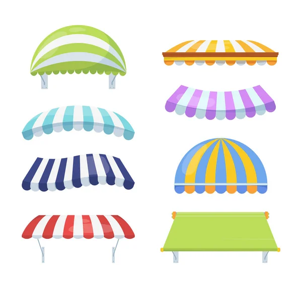 Canopy colour striped set. Stylish multicolored awnings shelter green from rain sun necessary blue accessory cafe retail element pink of architecture circus summer theater. cartoon vector. — Stock Vector