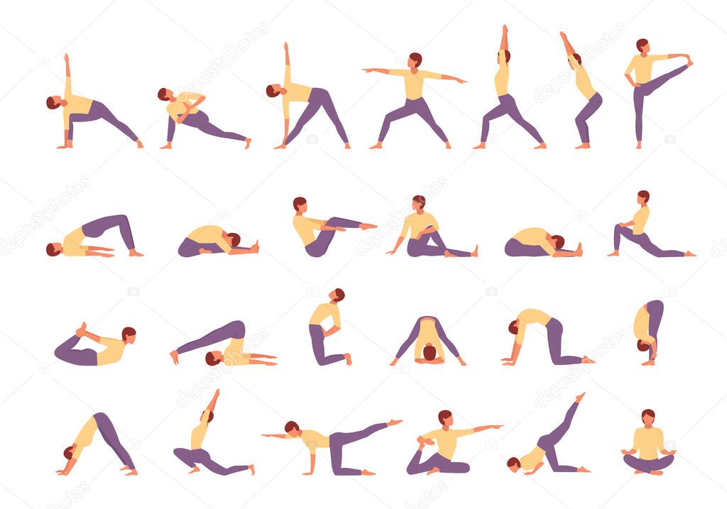 Character engaged fitness yoga large set. Woman conducts tadasana exercises stands pose tree asana triangle meditative savasana combat virabhadrasana relaxing pose bridge. Ustrasana vector flat