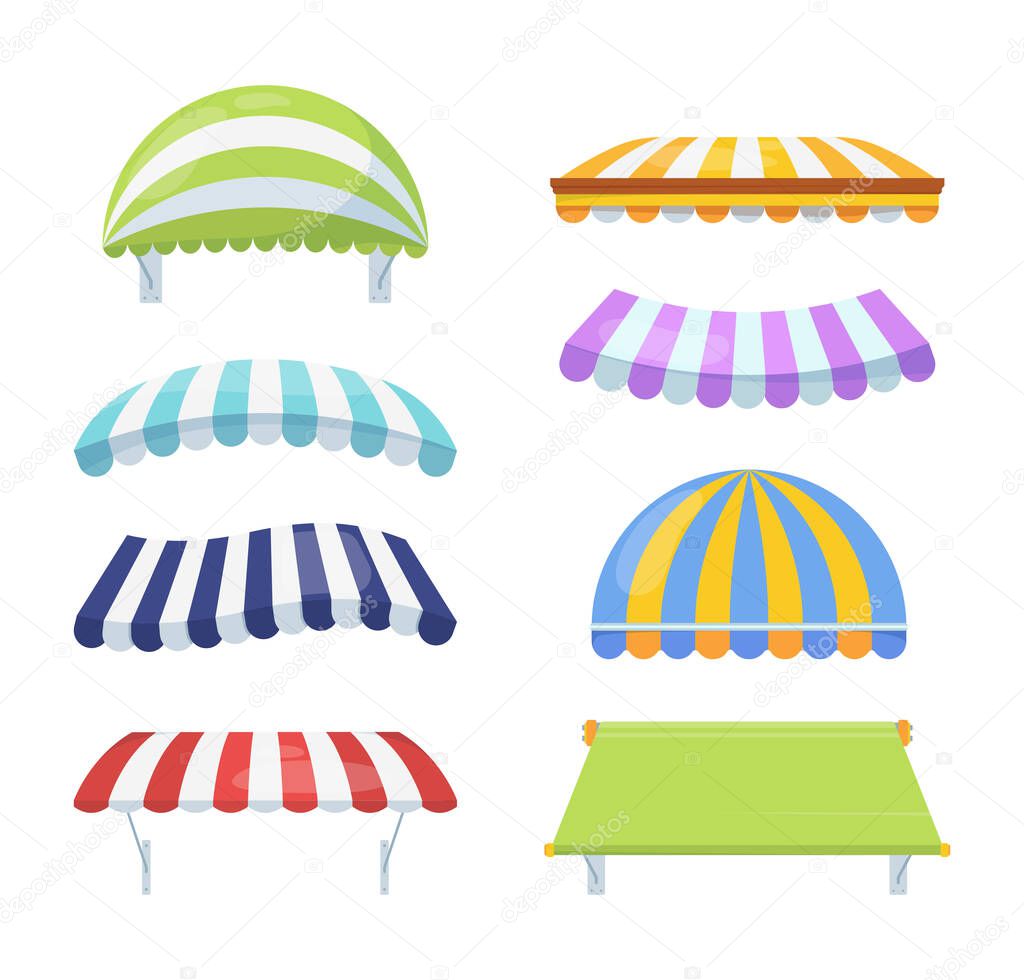 Canopy colour striped set. Stylish multicolored awnings shelter green from rain sun necessary blue accessory cafe retail element pink of architecture circus summer theater. cartoon vector.