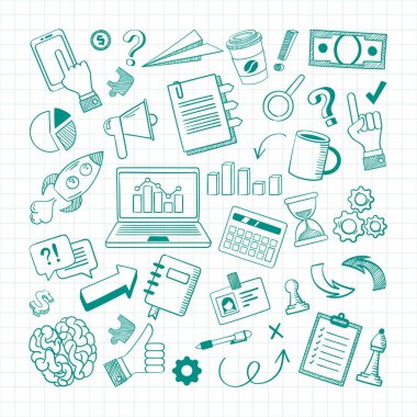 El çizimi iş unsurları çizimi seti. Finansal oklardaki büyüme çizelgeleri bilgisayardan infografik satranç taşlarıyla çıkartılıyor. Doodle vektörü.