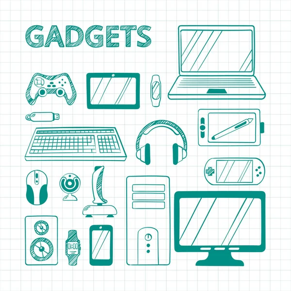 Ensemble de gadgets électroniques stylo vert dessiné à la main. Croquis de dispositifs de technologies informatiques équipement de jeu dessiné sur ordinateur portable carré de papier avec clavier de joysticks de PC stationnaire. Vecteur de doodle portable. — Image vectorielle