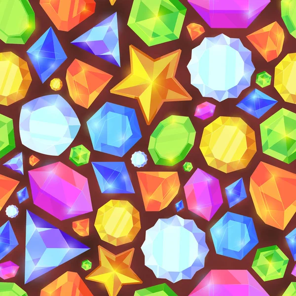 Kristaller färgar sömlöst mönster. Glänsande smycken av olika geometriska former vackra skärmsläckare tapet blå diamanter orange safirer gröna smaragder pulserande rikt mobilt gränssnitt. Tecknad vektor. — Stock vektor