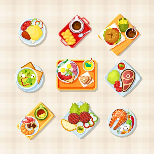 Platos con set de vista superior de comida. Sabrosos menús asiáticos y europeos de comida rápida salmón frito con champiñones sopa de verduras chile y brócoli huevos revueltos tocino café con leche. Vector de dibujos animados abundante . — Vector de stock