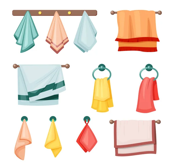 Hanging towels set. Colored textile fabric for kitchen and bath soft spa salons in hotels scented terry beach rough wiping dishes in kitchen bright fashion collection household. Cartoon vector. — Stock Vector