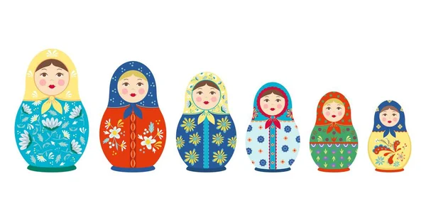Matrioshka ve izleyici seti. Geleneksel renkli Rus oyuncağı tahta kız renkli çiçek süslemeleri, folklor etnik Slav doğum döngüsünün sembolü. Halk vektörü. — Stok Vektör
