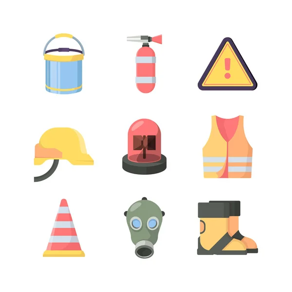Work protection tools set. Industrial safety items yellow helmet made thick plastic gas mask red flasher vest with light stripes special work boots fire extinguisher. Flat vector. — Stock Vector