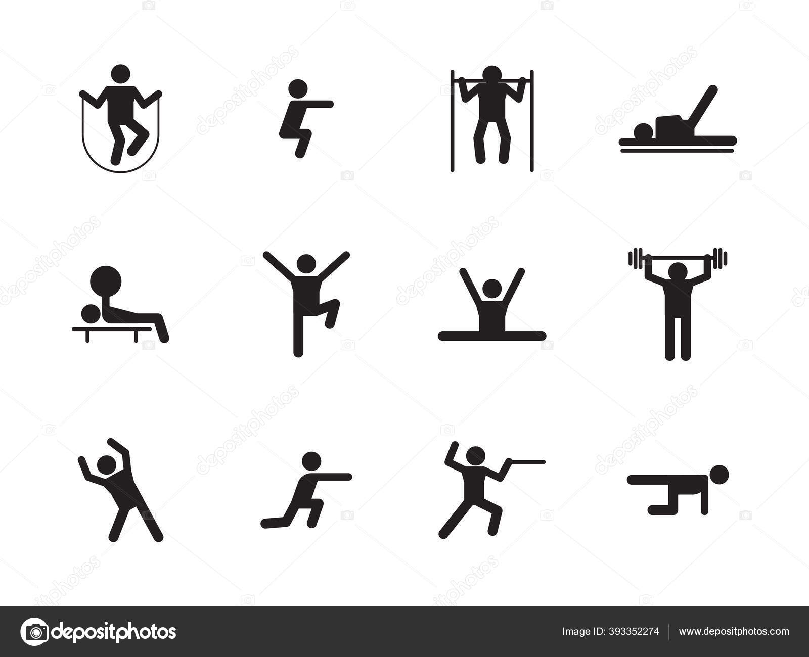 Conjunto de siluetas de iconos de entrenamiento deportivo. Ejercicios de  fitness en gimnasio y en terreno, image size:1600x1300