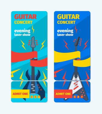 Müzik gitarı konser biletleri dikey afiş. Renkli rock festivali Lazer Şablonu bas gitar müziği eğlenceli pop tarzı mavi el ilanı modern caz partisi moda grubu. Vektör dekorasyonu.