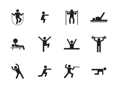 Spor egzersiz simgeleri siluet seti. Spor salonunda spor salonunda spor yaparken ağırlık kaldırırken eskrimci yoga kompleksi çömelmelerinin ip üstünden atlama egzersizleri. Sembolik sağlık vektörü.