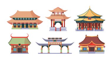 Asya tapınakları ve sarayları kuruldu. Geleneksel eski Çin tarzı binalar Japon ayinleri, pagodas Koreliler, doğu etnik yapılarına ev sahipliği yapar ve yelpaze şeklinde çatıları vardır. Çizgi film vektörü.