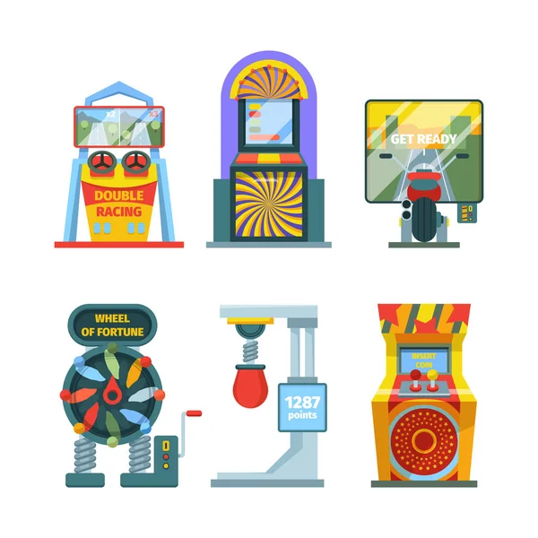 Arcade game machine set. Retro gaming machine with joysticks and screen colorful electronic entertainment consoles stationary devices for checking strength good luck. Gambling vector. — Stock Vector