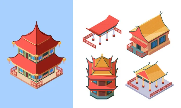 Kuil-kuil dan istana-istana Oriental adalah set isometrik. Bangunan tradisional Asia gaya Cina kuno Pagoda ritual Jepang Bangsawan korea rumah struktur etnis oriental. Vektor Terkenal. - Stok Vektor