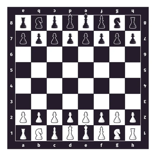 Sakk a táblán illusztráció. Készen áll az új kerek csata hatalom logikai elme stratégiai intellektuális játék fekete fehér darab ősi művészet a háború királynő király bástya elefánt. Chessmen-vektor. — Stock Vector