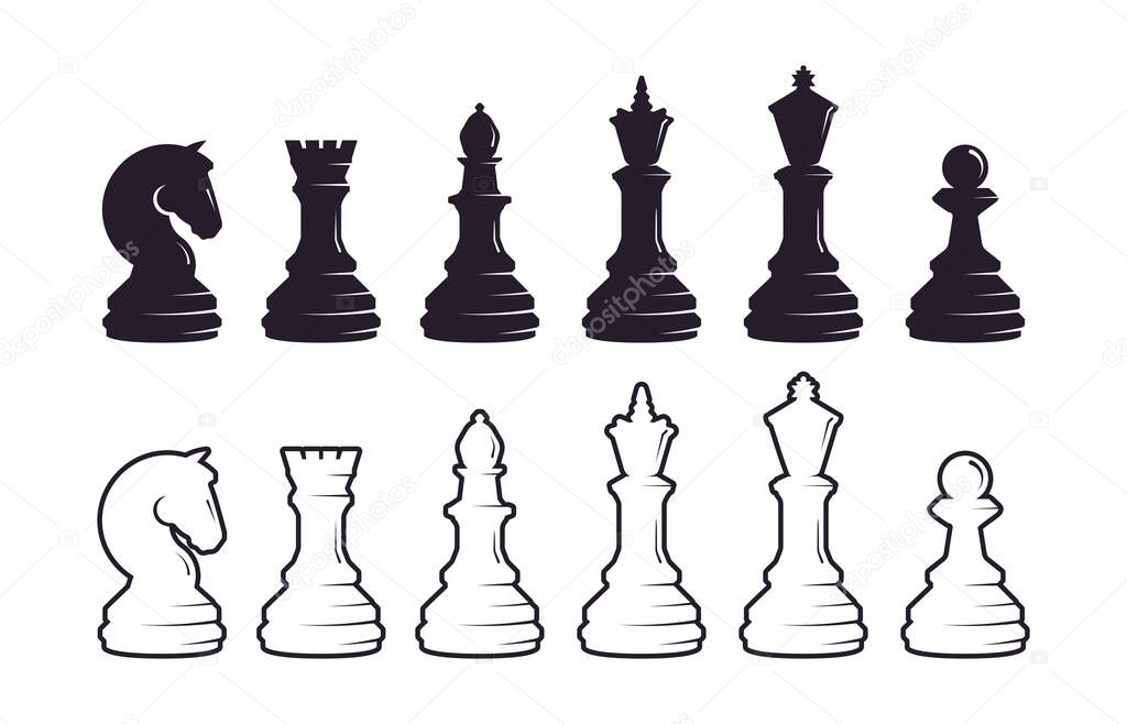 Chess pieces silhouette set. Strategic intellectual game black white pieces queen with king rook and elephant tournament power logical mind ancient art of war. Vector hobby.