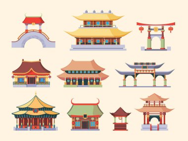 Geleneksel Asya sarayları ve tapınaklar. Antik Çin tarzı binalar iki katlı çatılı ejderha kuyruklu kemer Japon geleneksel pagoda Koreli soylu evleri birbirine bağlar. Etnik çizgi film vektörü.