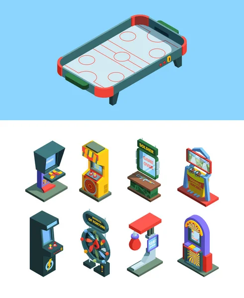 Arcade trénerek játék gép izometrikus készlet. Board játék szimulátorok játékgép ellenőrzésére szilárdság sok szerencsét eszközök tartozékok joysticks és képernyő színes elektronikus konzolok. A vektor kialakítása. — Stock Vector