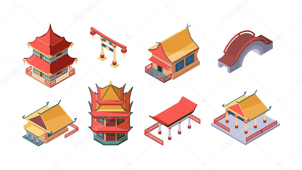 Chinese ethnic buildings isometric set. Asian traditional ancient style arch bridge multitier temple pagoda japanese ritual gate korean noble houses oriental structures. Vector cartoon isometric.