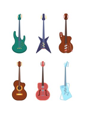 Gitarlar renkli set. String enstrümanları akustik jumbo cownought güvertesi klasik elektrikli müzik eğlencesinin blues caz grupları için retro ve modern ekipmanları oluşturur. Vektör kayası.