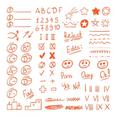 El çizimi kırmızı kalem test sonuçları ayarlandı. Sınavları geçmek için ödev işaretleyicisinin doğrulanması üniversitede üniversite sınıflandırma çalışmaları yanlış cevapları bildiren skeçler. Vektör karalama.