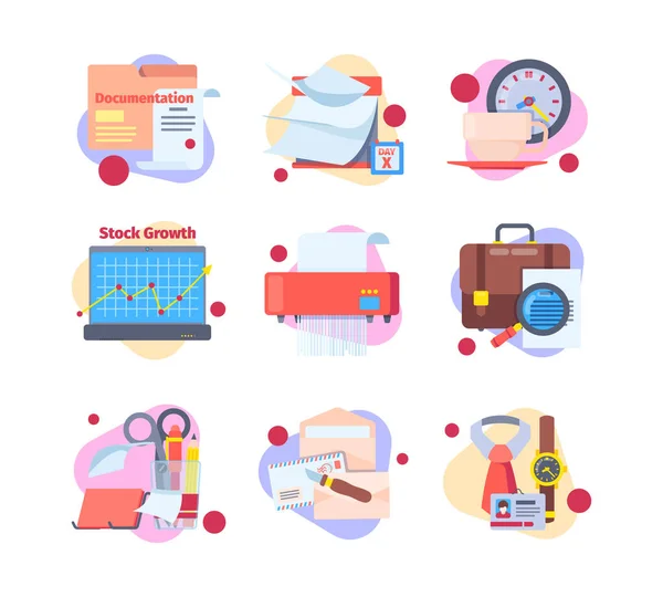 Work routine business set. Working office moments lunch break approaching deadline destruction papers by shredder checking infographic stock growth on laptop reading. Flat vector team. — Stock Vector