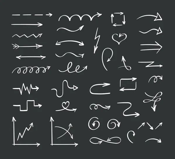 Handdrawn arrows sketch set. Abstract ribbon pointers graphic swirls contour lines of direction simple curves with graphs sketchy roughly drawn cursors. Symbolic vector. — Stock Vector