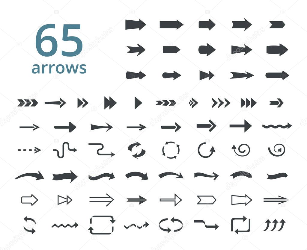 Various arrows large set. Varieties of black symbols pointers arrow brackets straight curved and rounded graphical navigation movement of website abstract interface pictograms. Vector design.