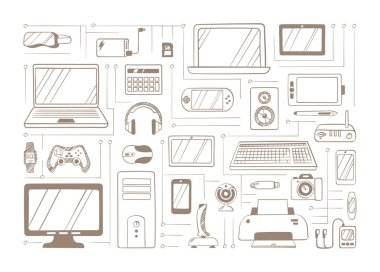 Elektronik el yapımı cihazlar ayarlandı. Kağıt kare sabit dizüstü bilgisayar kumandalı klavyeye çizilmiş sanal gözlük oyun ekipmanlı kulaklıklar. Taşınabilir vektörü karala.