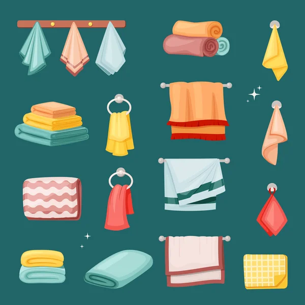 Toallas de baño y juego de cocina. Textil tela de colores suaves restaurantes salones de spa en hoteles perfumado terry playa áspera apilados limpiar platos brillante colección de moda hogar. Arte de dibujos animados vectorial. — Vector de stock