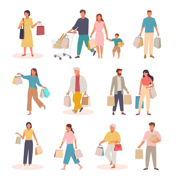 Personajes con set de compras. Las personas con bolsas de papel y carretilla que regresan de la familia del mercado devuelve bolsas de supermercado de hombre de edad avanzada ambas manos bolsos de diseño de chica. vector de dibujos animados. — Vector de stock