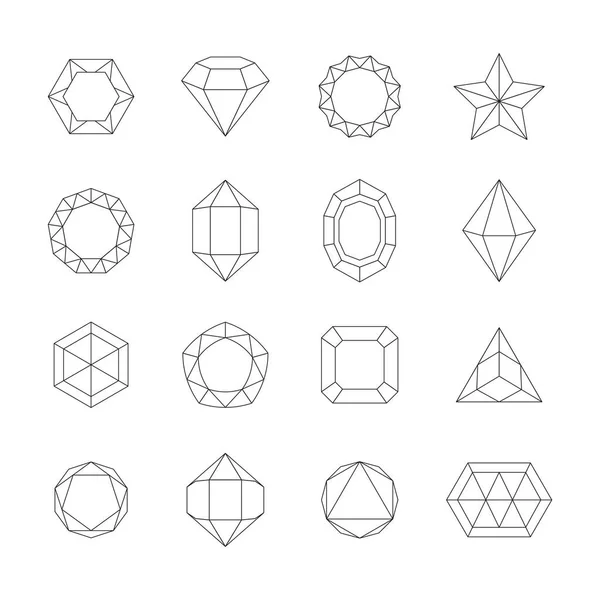Kryształy geometryczne ustawione. Kontury kamieni jubilerskich minerały różnych abstrakcyjnych kształtów piramidalny owal z wypukłymi krawędziami trójkątny twórczy ślad dla gier mobilne interfejsy. Klejnot wektorowy. — Wektor stockowy