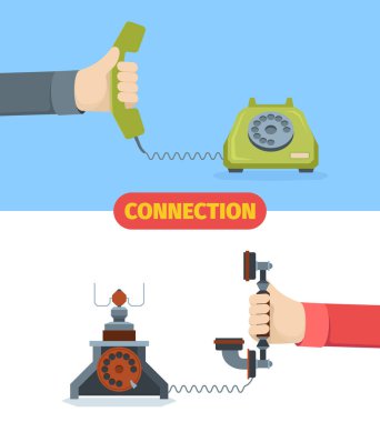 Telefon iletişimi illüstrasyonu. Eski kablo teknolojisi retro bağlantı hizmetleri cihazları dijital iletişim iletişim iletişim kontak alıcısının klasik tasarımı. Vektör düzlüğü.