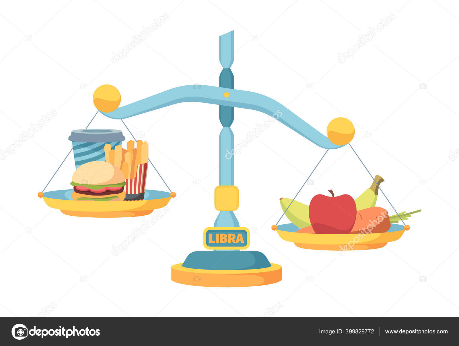 Las escalas equilibran la comida rápida y el concepto de nutrición saludable. Comer un estilo de Las escalas equilibran la comida rápida y el concepto de nutrición saludable. Comer un estilo de