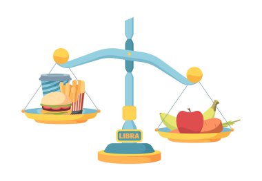 Fast food ve sağlıklı beslenme kavramını dengeler. Sağlıklı yaşam tarzı, hızlı atıştırmalıklara, dengeli diyete, yağlı yağlara, lezzetli vitaminlere, trans yağlara ve karbonhidratlara ağır basar. Vektör seçimi.