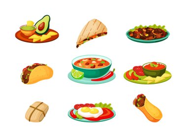Meksika geleneksel yemek seti. Baharatlı taze sebzeli et burrito baharatlı guacamole yeşil avokado sıcak quesadilla biberli ve limonlu tavuklu fileto. Ulusal vektör atıştırmalıkları.