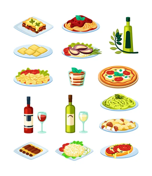 Set de comida italiana tradicional. Ostras con salsa blanca y vino tinto añido lasaña derretida queso mozzarella ravioles recién horneados y canelones margarita pizza tomates albahaca. Vector delicioso. — Archivo Imágenes Vectoriales