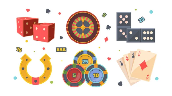 Kasino spelande set. Röd fyrkantig tärningsroulett med satsningar dominobrickor gul hästsko av lycka pokermarker fyra ess vinnande jackpot illustration spel och lyxig spänning. Vektor platt vinnare. — Stock vektor
