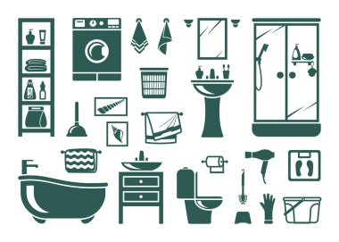 El yapımı banyo ekipmanları. Modern çamaşır makinesi banyo banyoları yeşil klozet kağıtları ve havlu deterjanları ile fırça rafları kirli giysiler için banyo sepetleri. Düz vektör temizle.
