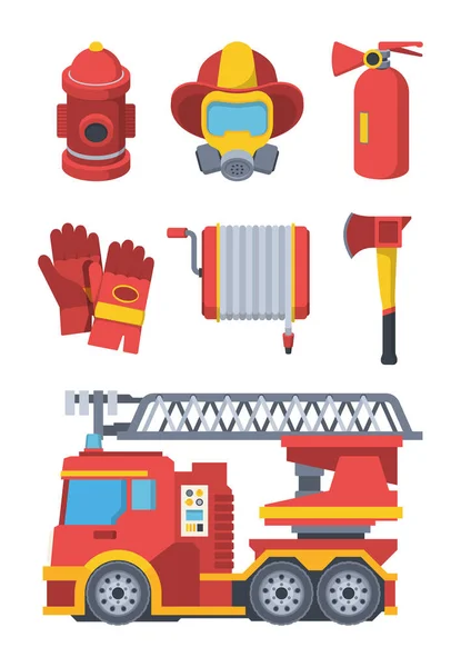 Conjunto de bombeiros. Equipamento de extinção de incêndio máscara de coluna de água ao ar livre com luvas de proteção respirador bobina de mangueira hidratante machado e máquina especializada com escada. Desenhos animados vetoriais. — Vetor de Stock