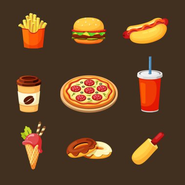 Fast food seti. Lezzetli sıcak hamburger pepperonili pizza, salamlı çıtır patates kızartması ve aromatik sosisli, taze pişmiş, çikolatalı, meyveli, dondurmalı, doğal olarak demlenmiş kahve. Kalpli vektör.