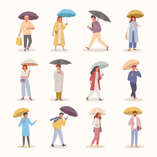 Le persone con gli ombrelli sono pronte. Personaggi a piedi in tempo piovoso colore ombrellone ragazza alla moda con ragazzo borsa in fretta su data donna si precipita a memorizzare una buona protezione cattivo clima. Stile vettoriale. — Vettoriale Stock