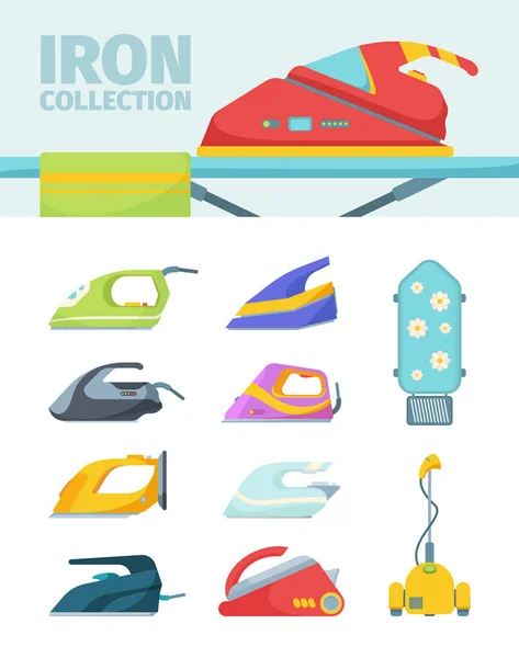 Modern irons electric set. Ironing devices colored with built in electronics wheels for drying carpets warm household help technology steel and plastic processing equipment. Flat vector. — Stock Vector