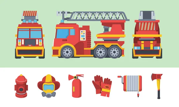 Fireman set. Special fire fighting vehicle fleet outdoor water column mask with respirator protective gloves hydrant hose reel ax specialized machine with ladder. Protective vector cartoon. — Stock Vector