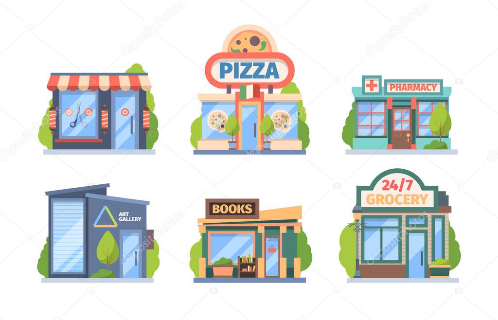 Shops and stores set. Commercial color retail markets food drug sales city boutiques with window displays awnings modern style restaurants cafes small architectural buildings. Vector supermarket.