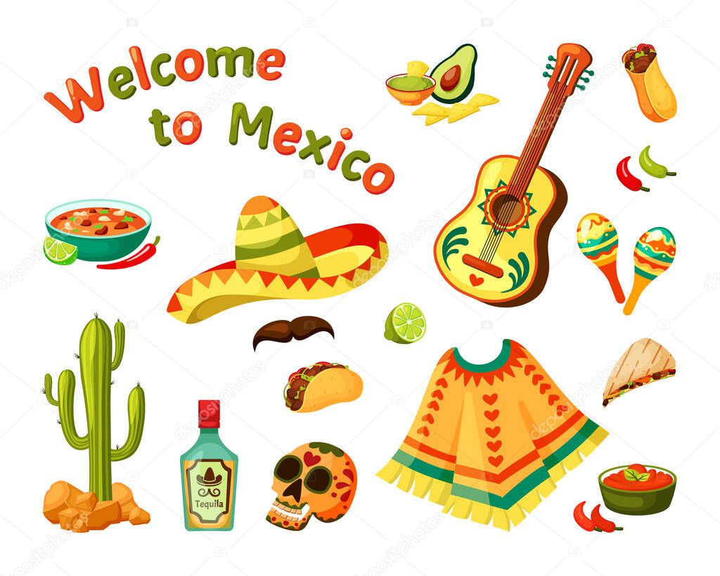 Mexican culture set. Sombrero and guitar with ethnic picture painted skull bottle tequila aromatic burrito hot chili peppers desert green cactus ponchos colorful ornaments. Vector ethno art.