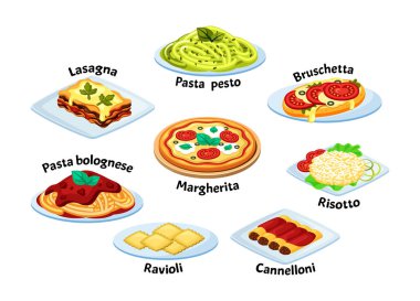 İtalyan geleneksel yemek seti. Eritilmiş mozzarella peynirli lazanya taze fırında ravioli ve cannelloni margarita pizza fesleğenli bolonez soslu makarna pesto. Lezzetli vektör menüsü.