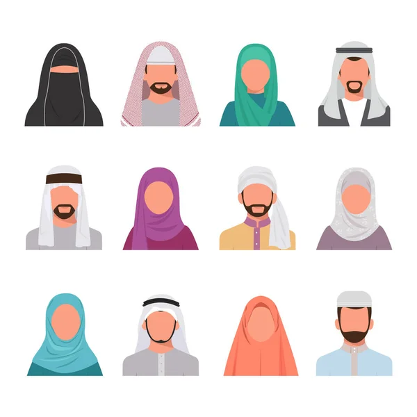 Muslim karakter avatar ditetapkan. Wajah Arab potret laki-laki perempuan trendi hijab berwarna tradisional Islam profil arabia dan jordan gaya kumis gelap. Vektor sosial. - Stok Vektor