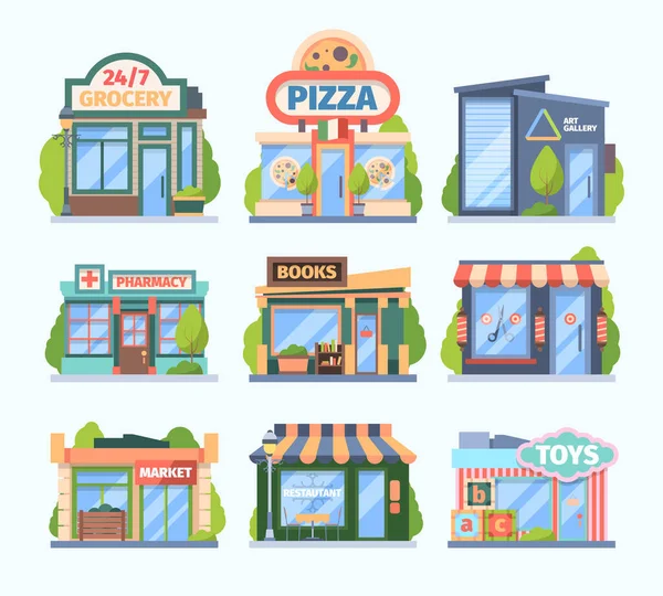 Butiker och marknadsset. Fasadfärgade butiker apotek butiker bokhyllor leksak butik mat medicin försäljning stad butiker med skyltar markiser moderna små byggnader. Tecknad vektor. — Stock vektor